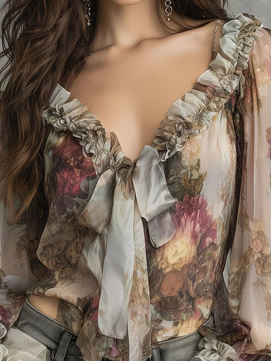 Sexy Watercolor Floral Print Lace-up Ruffle-sleeve Blouse
