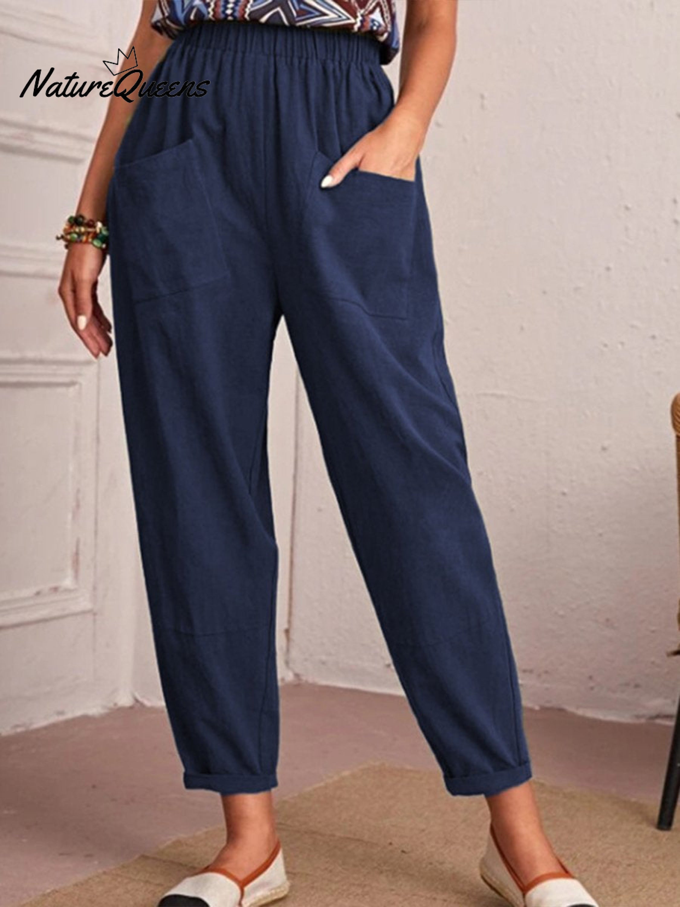 Cotton and Linen Elastic Waist Pocket Tapered Pants