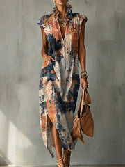 Gradient Decorative Pattern Women's No Sleeve Bud Collar Linen Cotton Dress