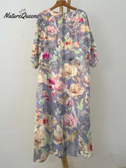 Women's Retro Purple Floral Print Pocket Cotton Dress
