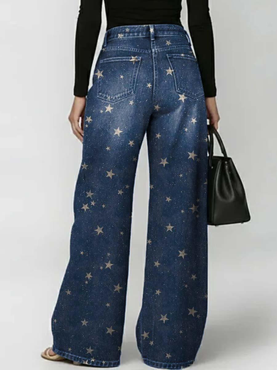Women's Retro Stars Art Print Casual Stylish Hollow Denim Pants