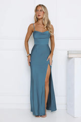 Robe longue en satin formelle Rêve sarcelle