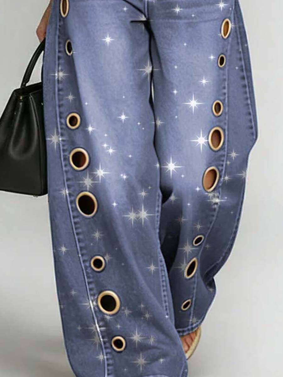 Women's Shinny Art Print Casual Stylish Hollow Denim Pants