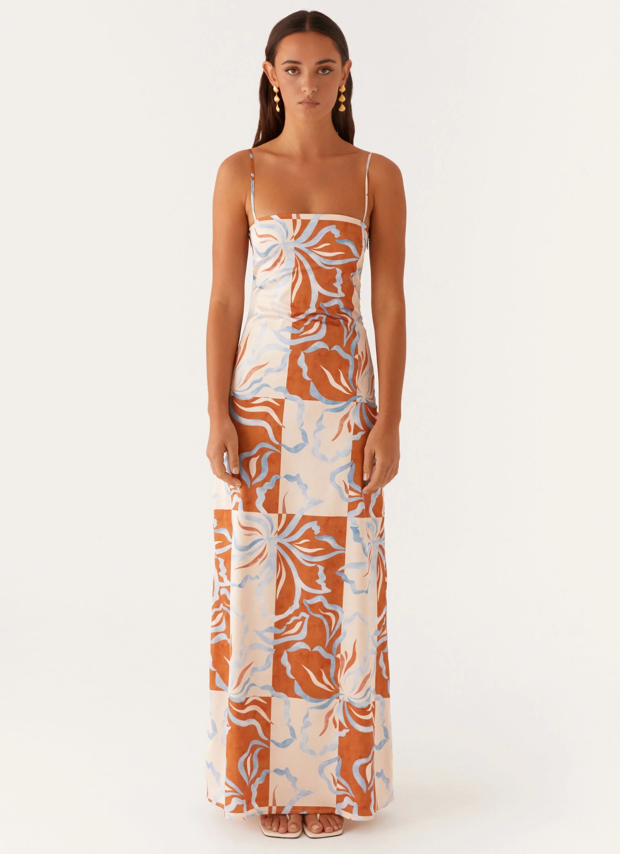 Robe longue Aster Bloom – Fleurs oranges et bleues