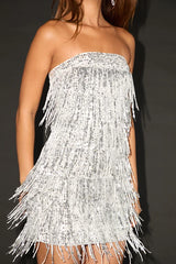 Robe courte bustier à franges et sequins argentés Shanelle