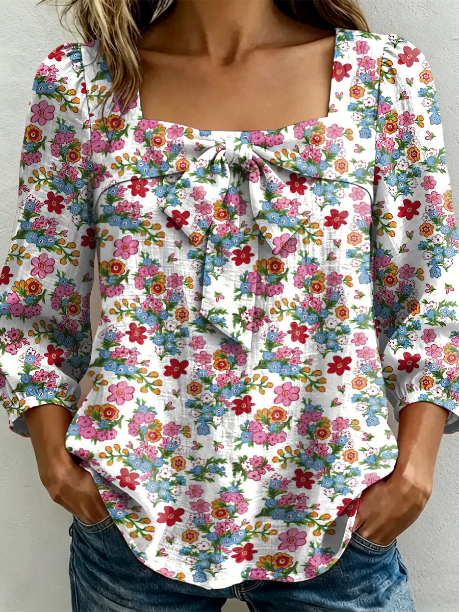 Cute Flower Decorative Pattern Women's Long Sleeve Linen Cotton Shirt