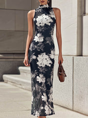 Women's Vintage-print Stand-collar Sleeveless Loose-fit Mesh Casual Dress