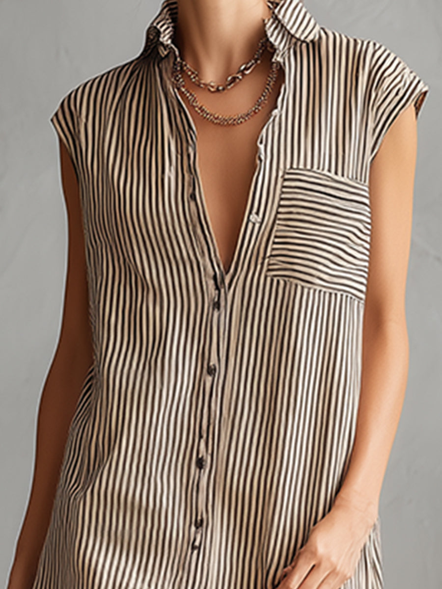 Elegant And Casual Khaki Striped Collared Front Button Sleeveless Mini Dress
