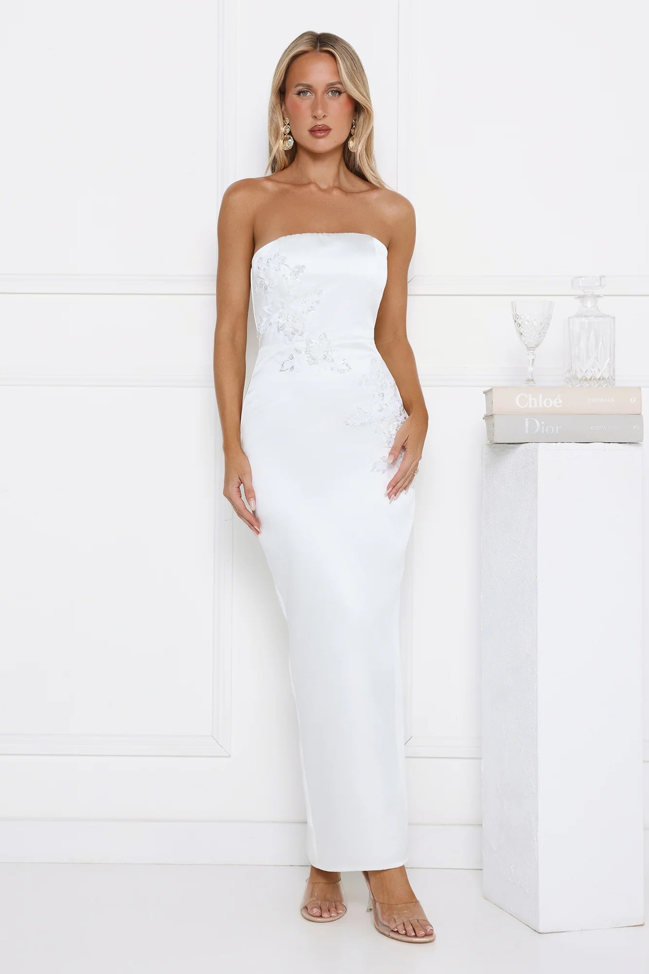 Robe longue bustier ornée Dusk Desire blanche