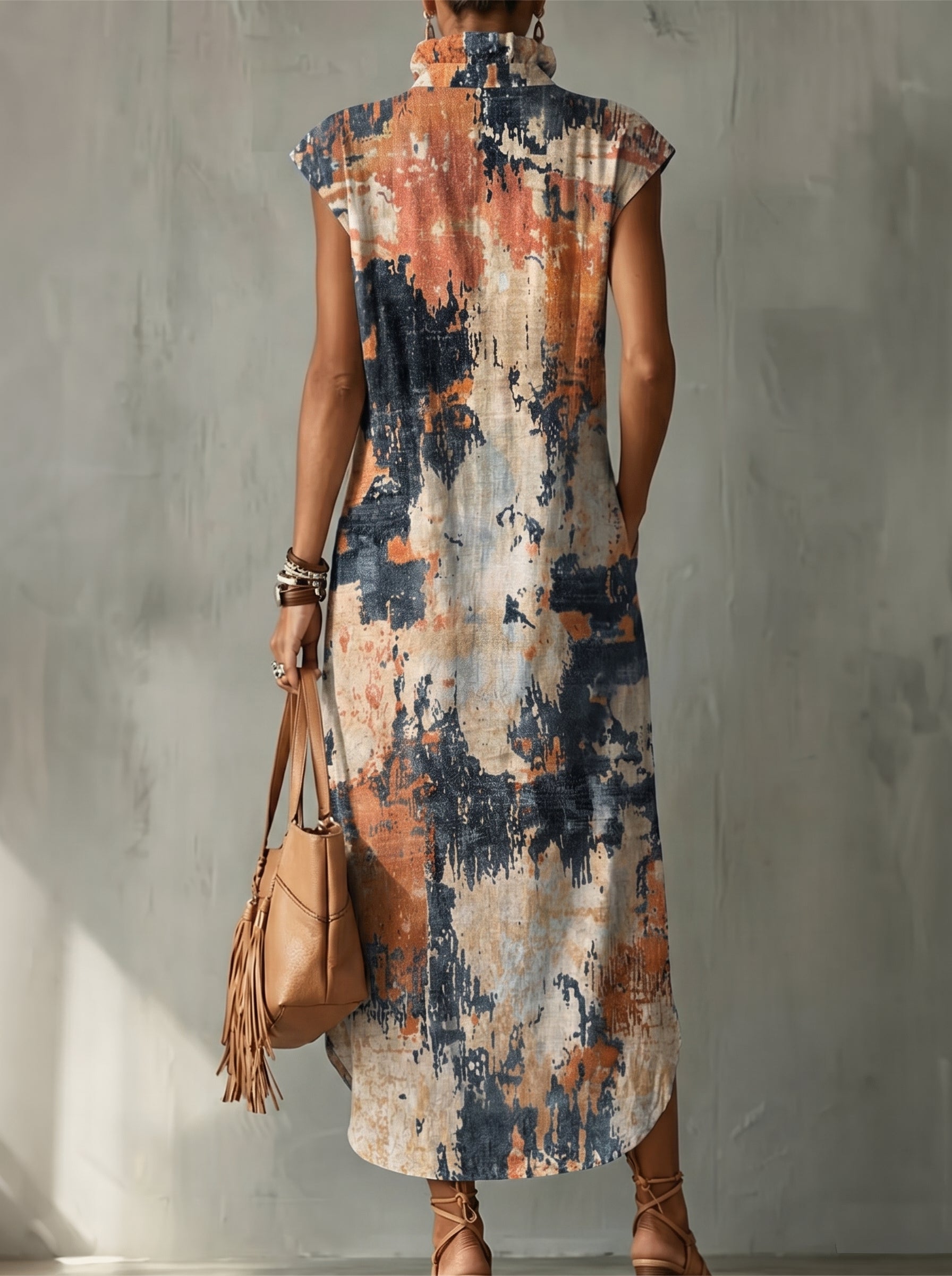 Gradient Decorative Pattern Women's No Sleeve Bud Collar Linen Cotton Dress