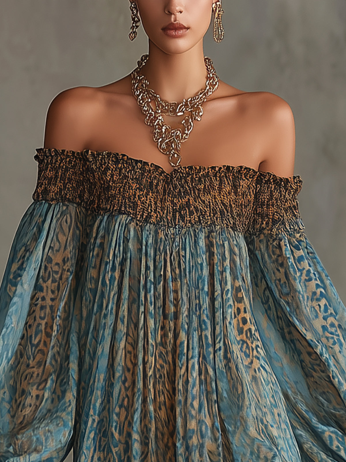Leopard Print Off-shoulder Puff-sleeve Cropped Dress