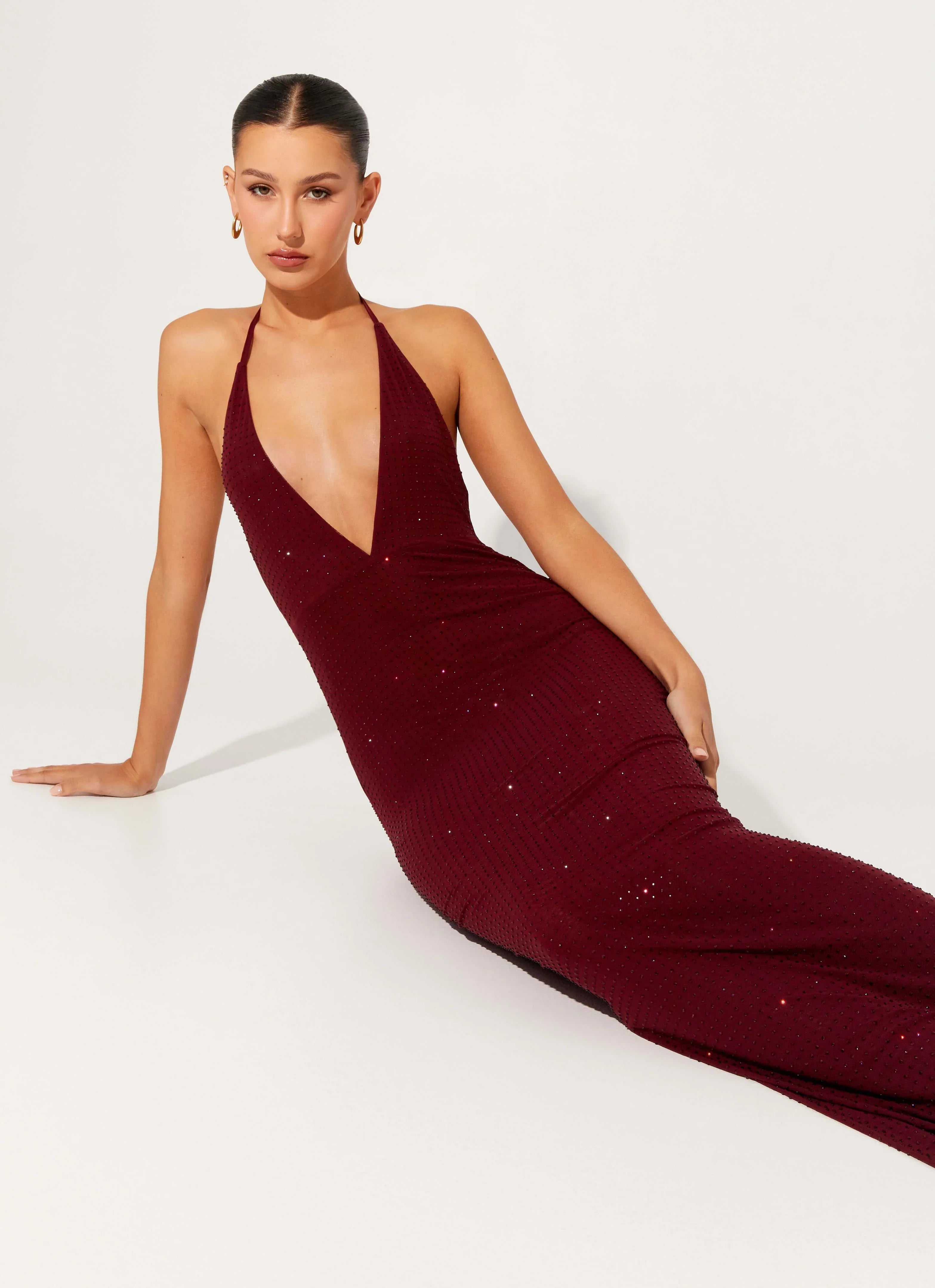 Robe longue perlée Keliese - Bourgogne