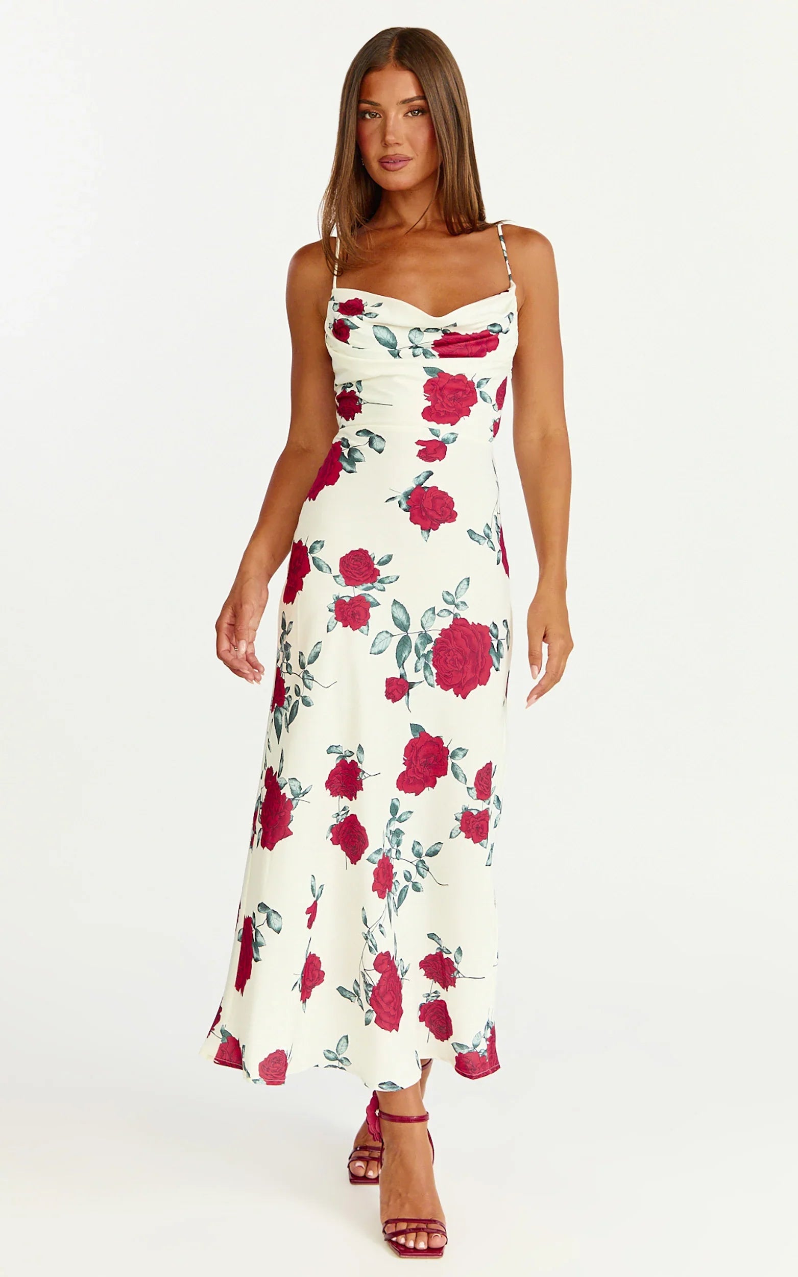 Robe Midi Dahlia - Robe trapèze à col bénitier motif Rose Écarlate