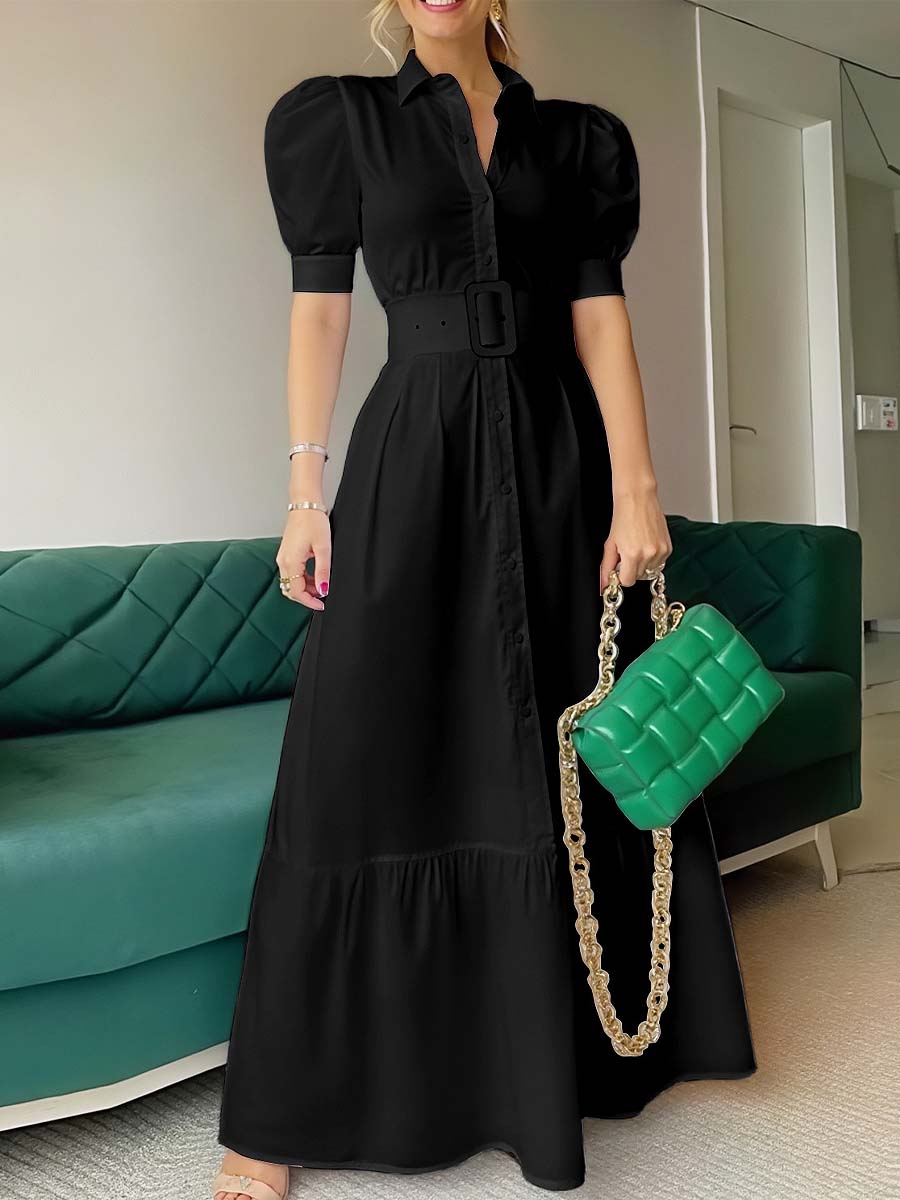 Women's Solid Color Art Casual Elegant Short Sleeve With Belt Long Dress