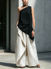 Women's Casual Cotton-linen Set: Off-shoulder Sleeveless Loose-fit Top & High-waisted Wide-leg Pants
