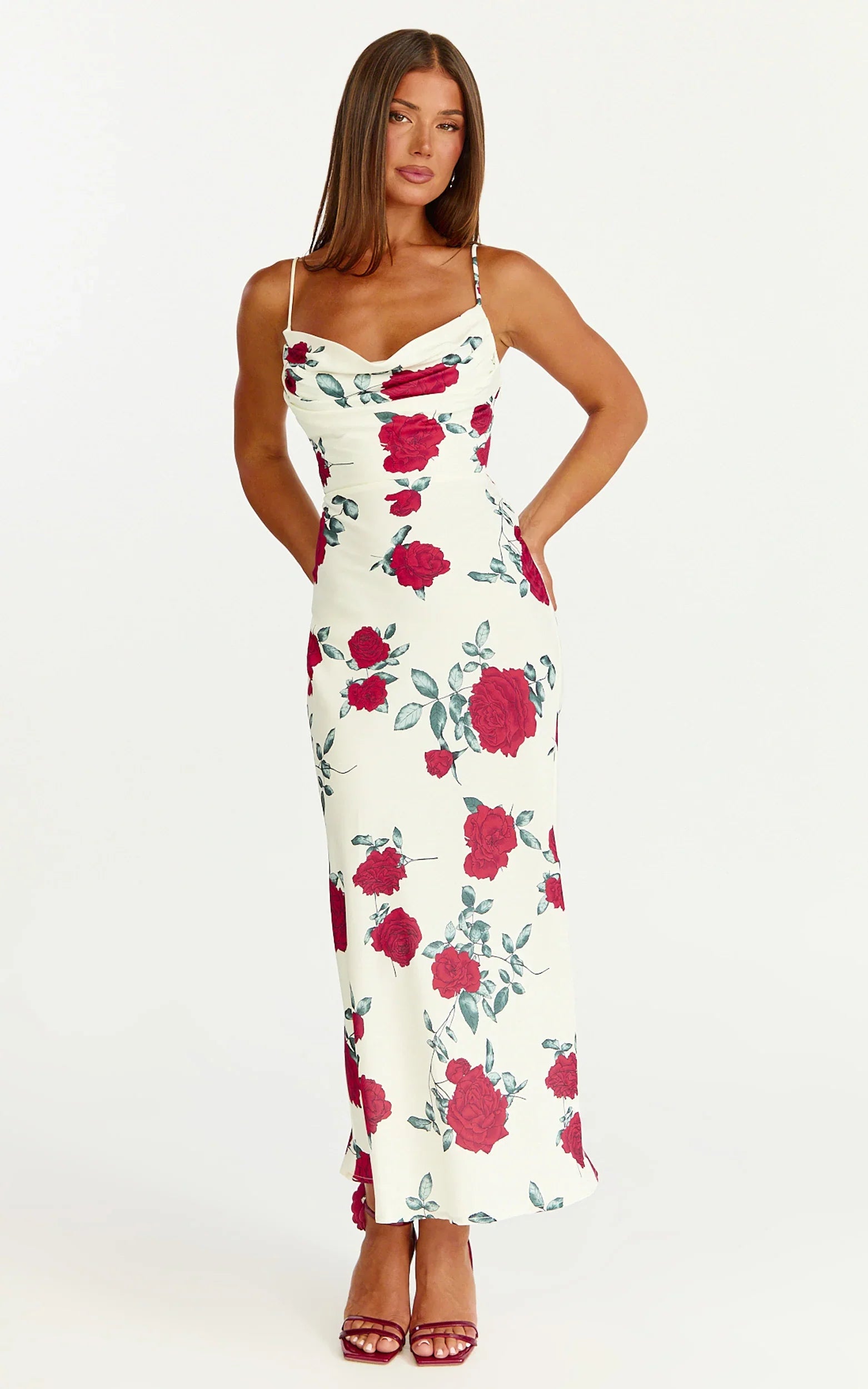 Robe Midi Dahlia - Robe trapèze à col bénitier motif Rose Écarlate