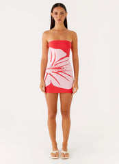 Robe courte en maille sans bretelles Kader – Rouge fleuri