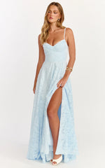 Robe longue Rachel - Robe fendue devant en jacquard, col cœur, coloris bleu glacier
