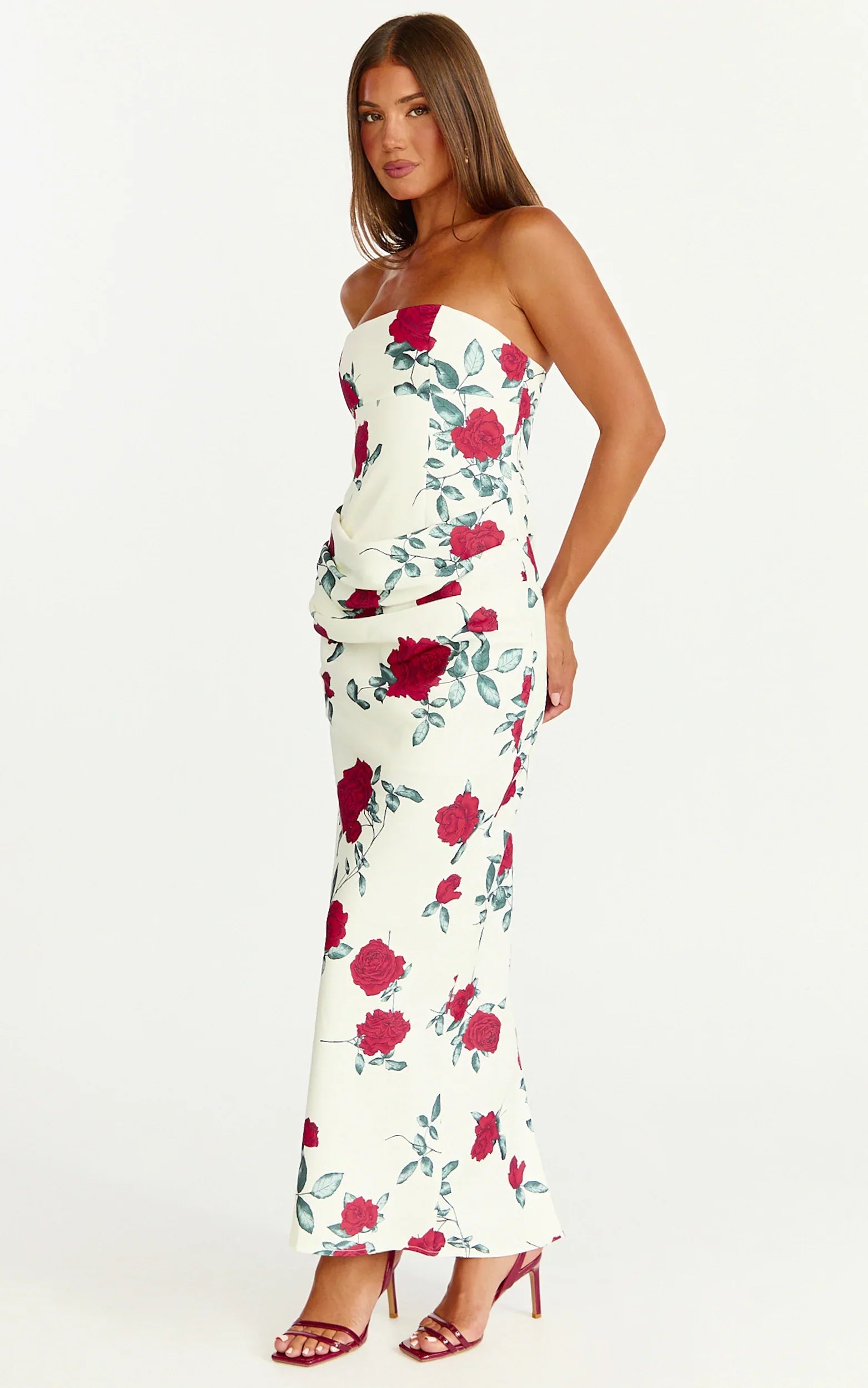 Robe Midi Dahlia - Robe Ajustée Drappée Sans Bretelles à Taille Drapée Imprimé Rose Écarlate