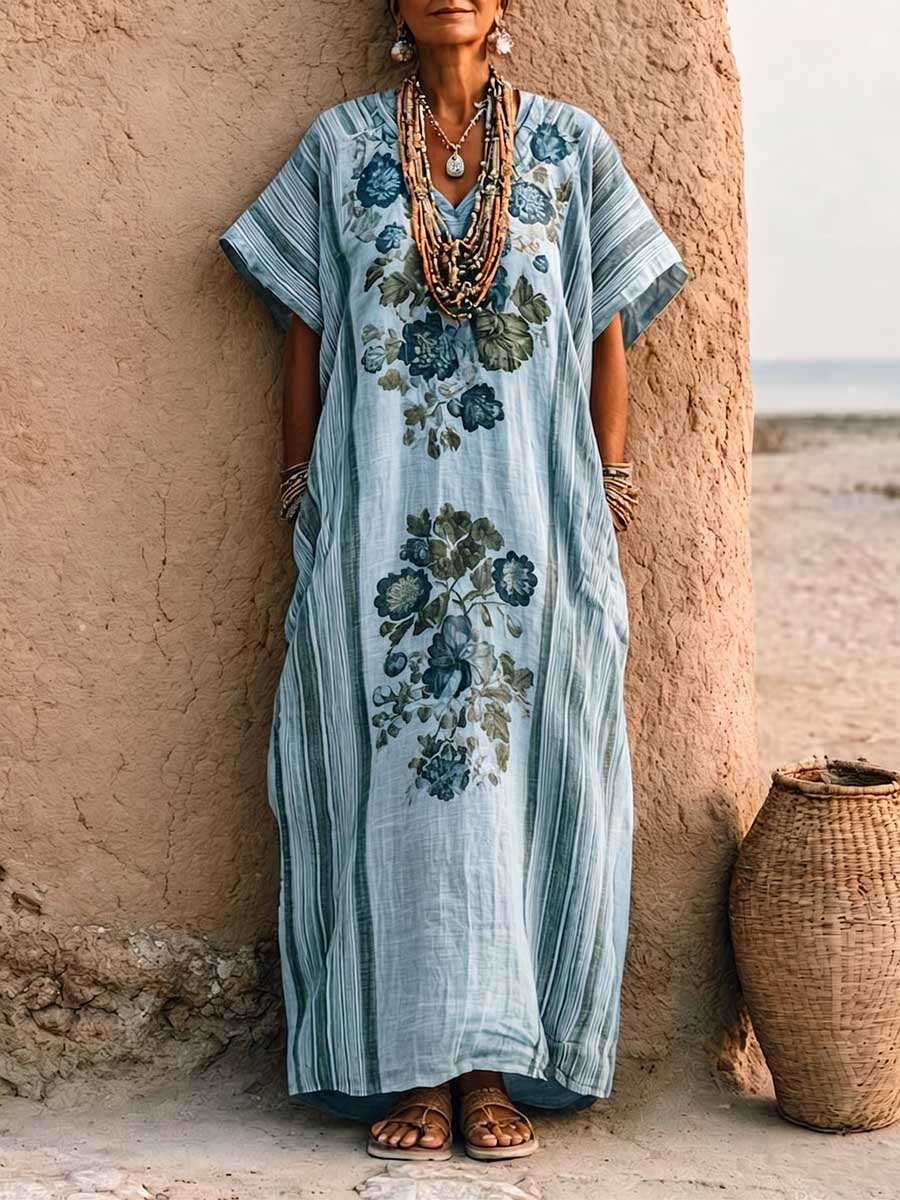 Women's Casual Loose Cotton-linen Dress With V-neck Short Sleeves And Placement Print