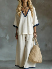 Women's Solid-color V-neck 1/2 Sleeve Cotton-linen Top And Pants Set