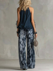 Women's Sleeveless Halter-neck Top And Printed Wide-leg Chiffon Pant Set