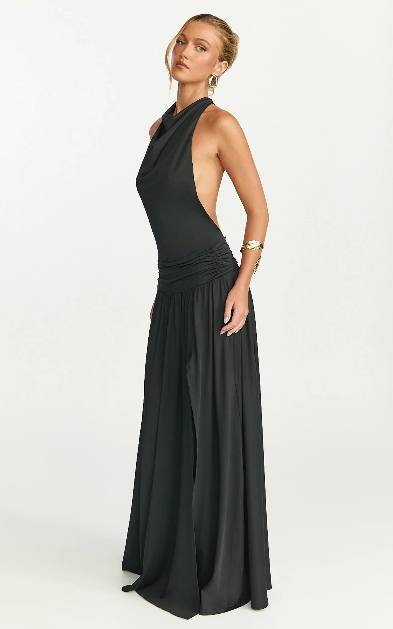 Robe longue Sophia - Robe en jersey dos nu à col bénitier noir