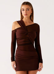 Robe mini asymétrique à manches longues Ophelie - Chocolat