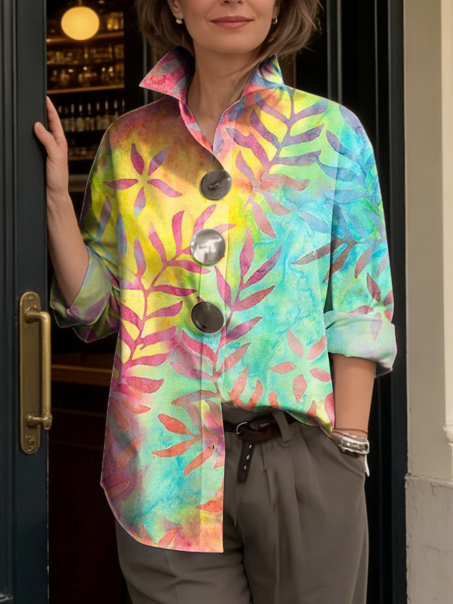 Women's Colorful Botanical Print Cotton Shirt — Turn-down Collar, Long Sleeves, Relaxed Fit