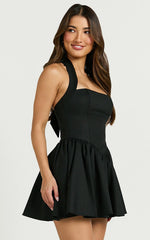 Mini-robe Helda - Robe à col montant à nouer et à empiècement corset noire