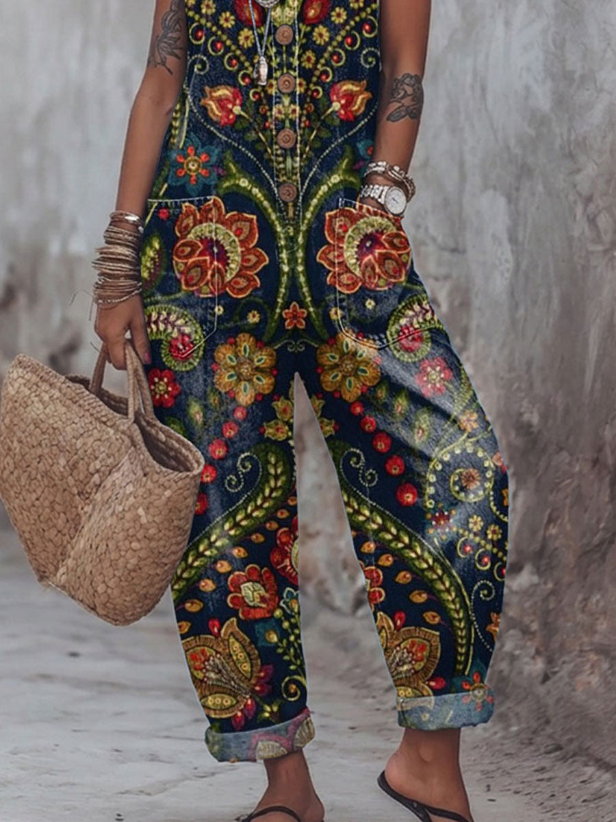 Women's Vintage Flower Art Print Casual Jumpsuit