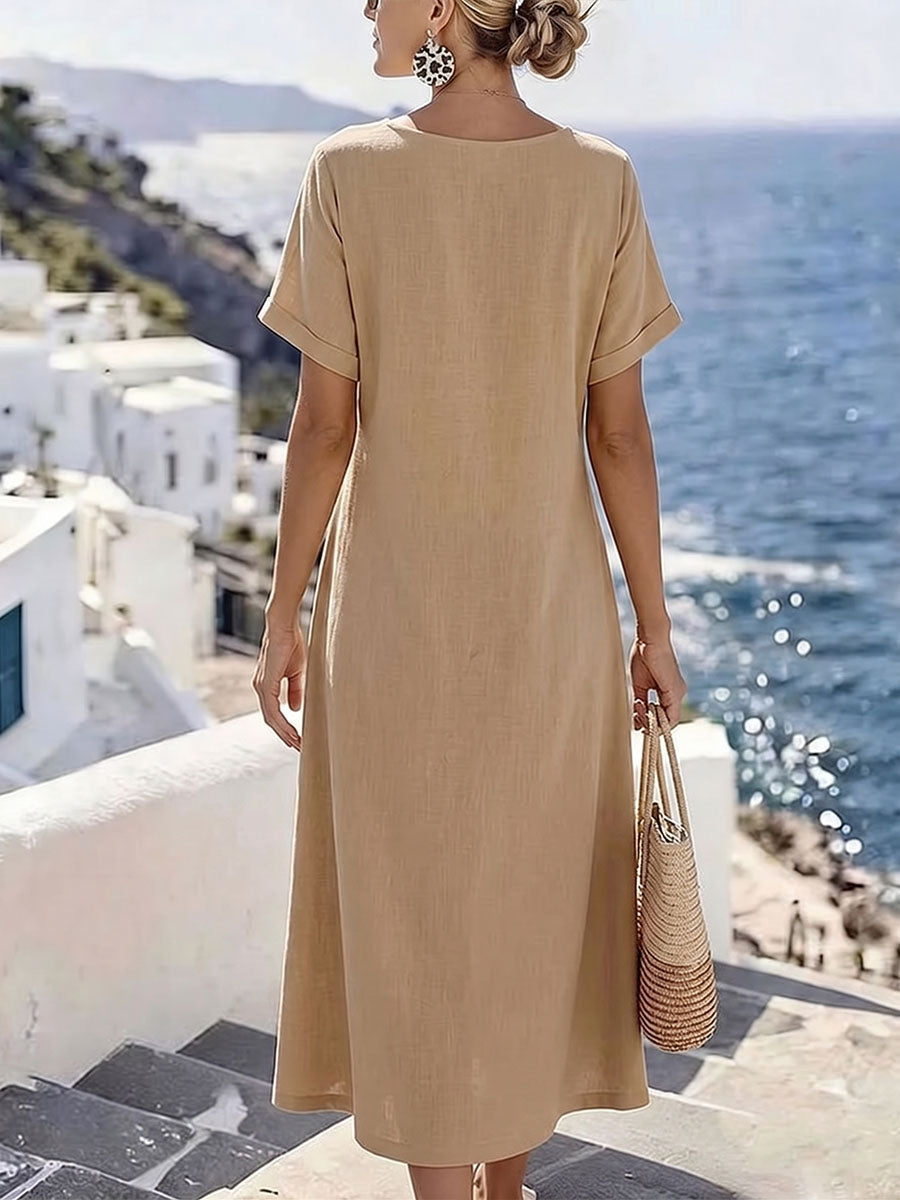 Women's Solid-color Round-neck Short-sleeve Casual Loose Cotton-linen Dress