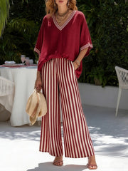 Casual Two-piece Set: Striped Linen & Cotton Patchwork Top And Striped Trousers— Look Put Together in 5 Seconds