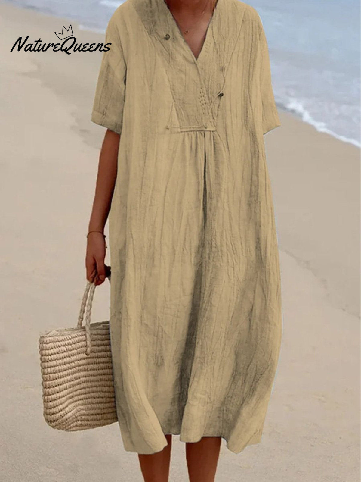 Women's Solid Color Cotton And Linen Short Sleeve Dress