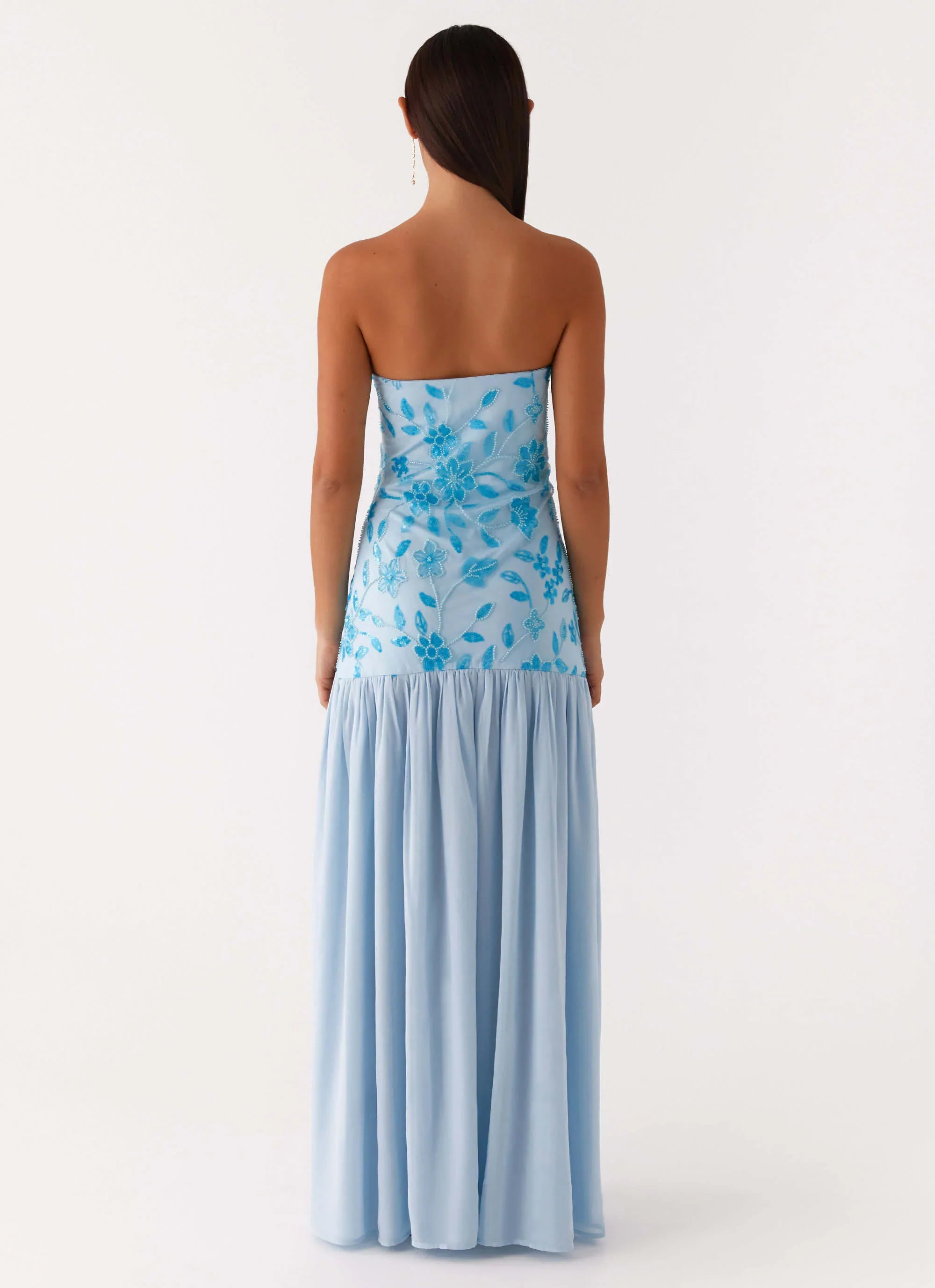 Robe longue perlée sans bretelles Eden - Bleu