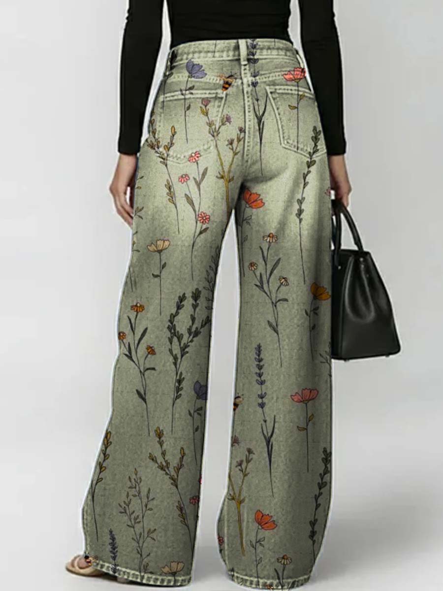 Women's Retro Floral Art Print Casual Stylish Hollow Denim Pants