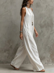 Women's Simple Cotton And Linen Wide-leg Jumpsuit