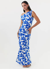 Robe longue à épaules dénudées Pyper - Imprimé floral bleu