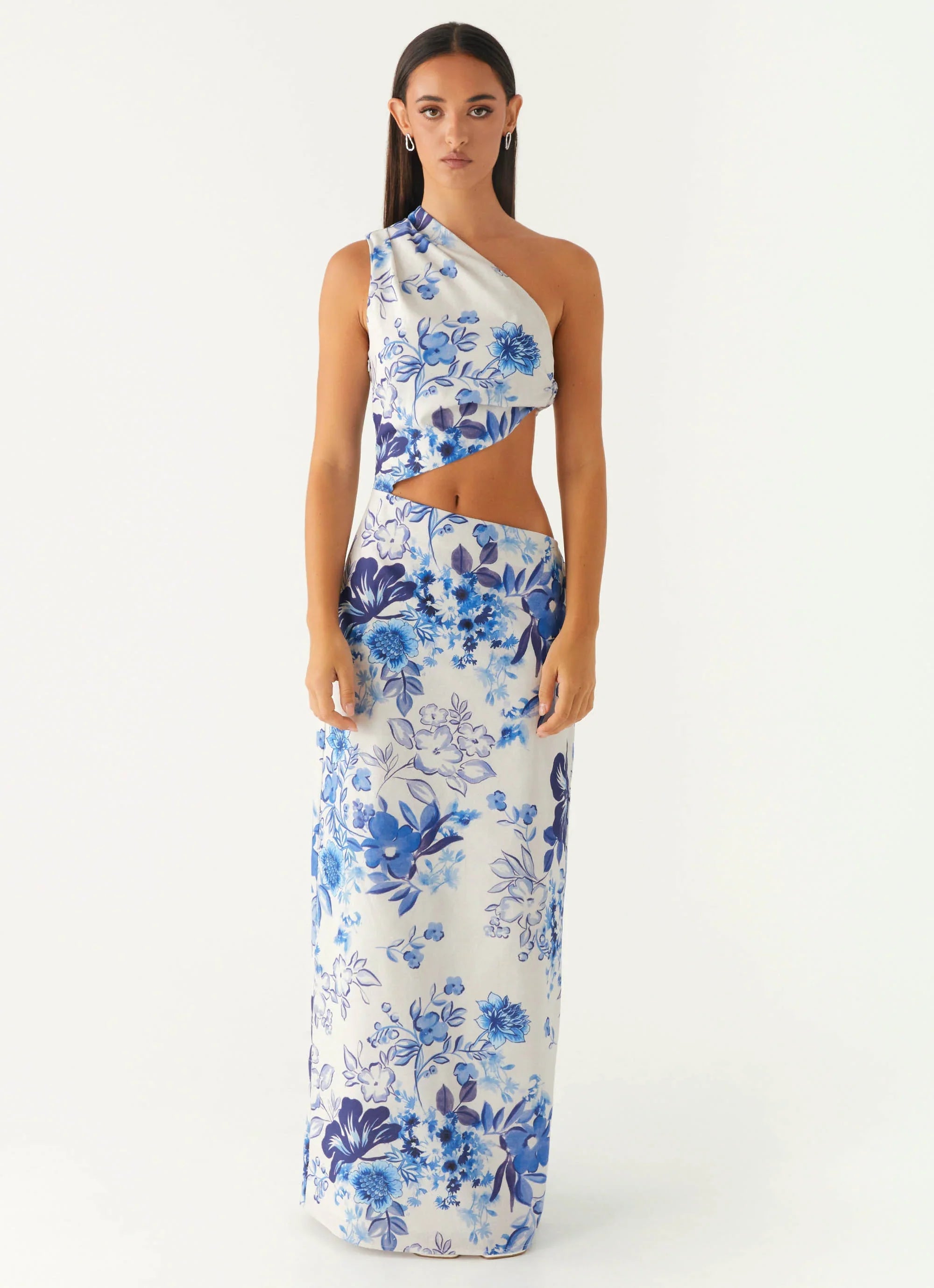 Robe longue tout l'été – Imprimé fleuri ciel serein