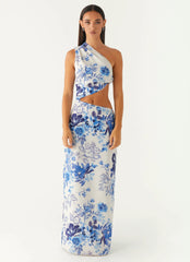 Robe longue tout l'été – Imprimé fleuri ciel serein