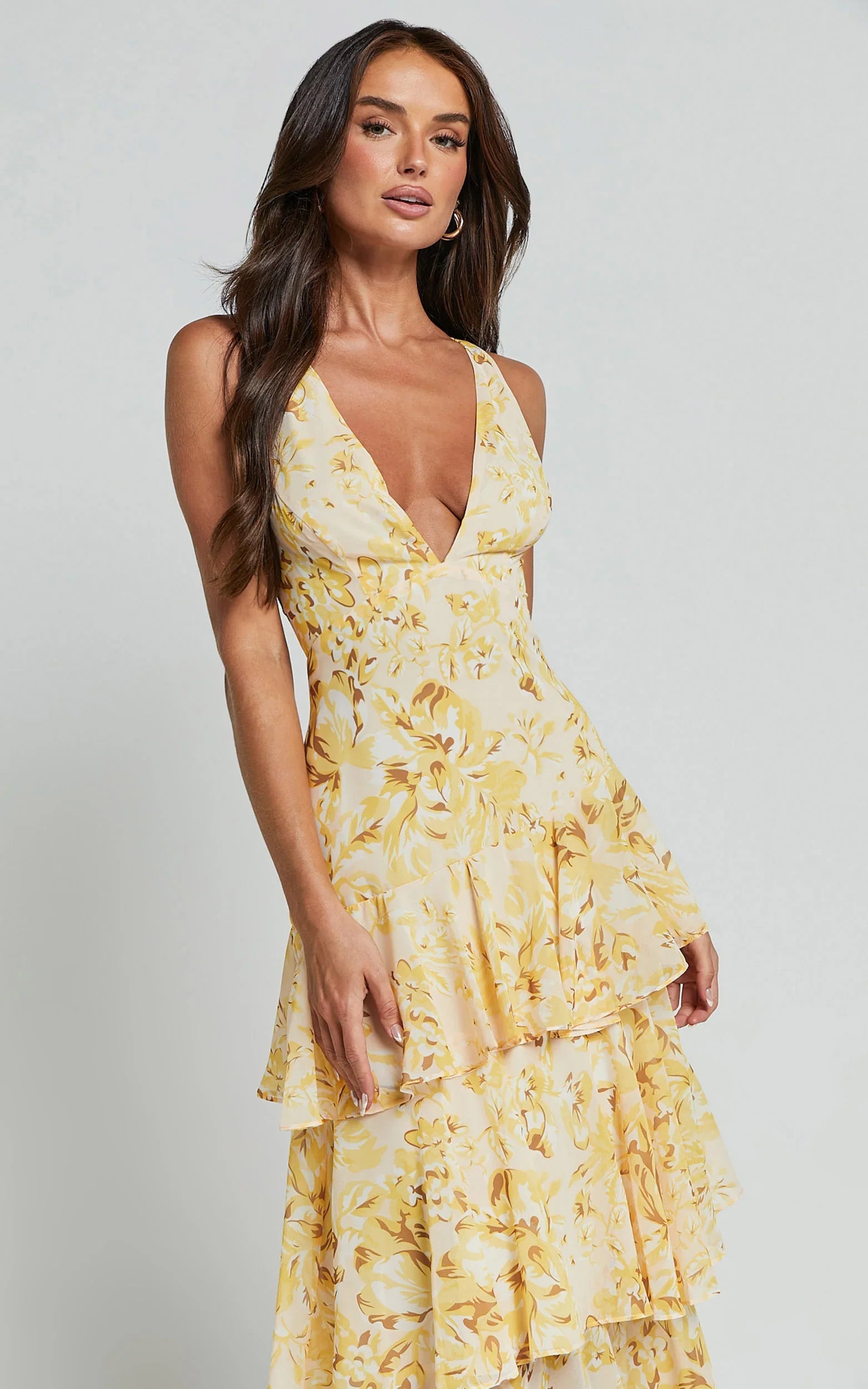Robe midi Beryl - Robe superposée sans manches col V profond à motif floral jaune