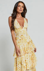 Robe midi Beryl - Robe superposée sans manches col V profond à motif floral jaune