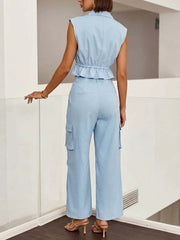Women's Art Ruffle Stylish Casual Top And Pants Cotton Linen Two-piece Set