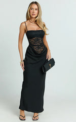 Robe longue Rania - Robe longue noire avec buste en dentelle contrastante, encolure bénitier et taille basse