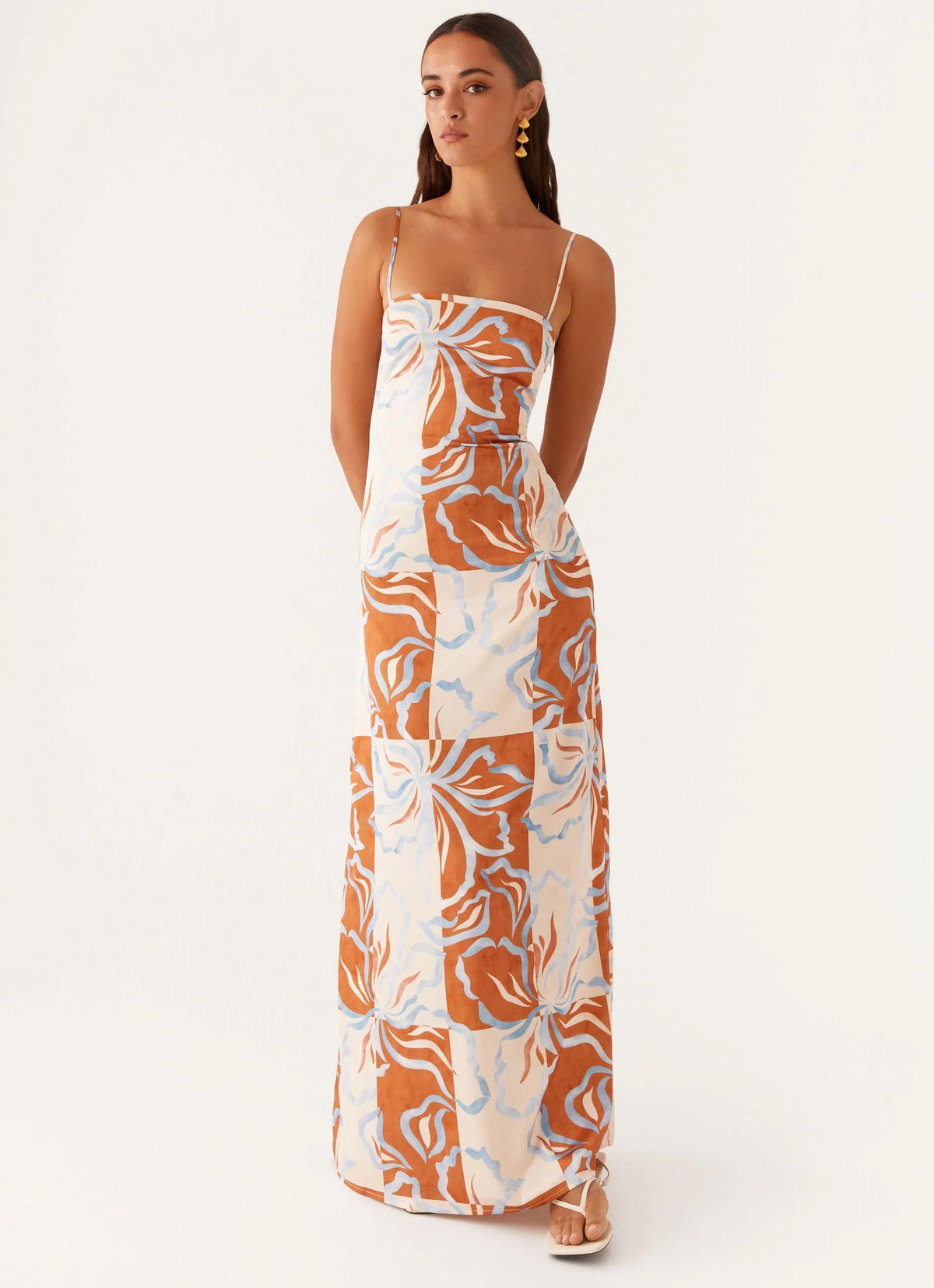 Robe longue Aster Bloom – Fleurs oranges et bleues