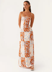 Robe longue Aster Bloom – Fleurs oranges et bleues