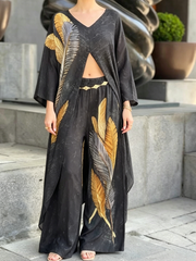 Boho Feather Print Long Shirt And Pants Two-piece Set