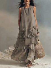 Women's Sleeveless Cotton And Linen Dress With 3d Floral Decoration