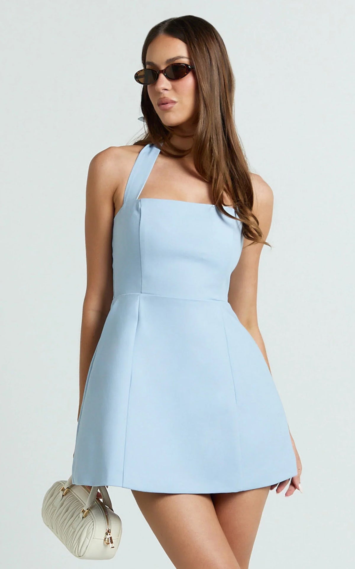 Mini-robe Dante - Robe à col halter à nouer et jupe tulipe bleu doux